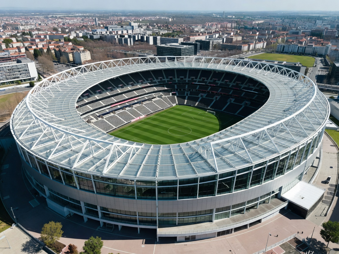 Aerial perspective of the modern Groupama Stadium in Lyon